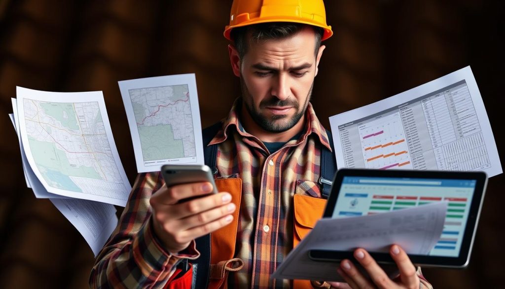 Roofing contractor looking stressed while managing multiple project documents and a phone