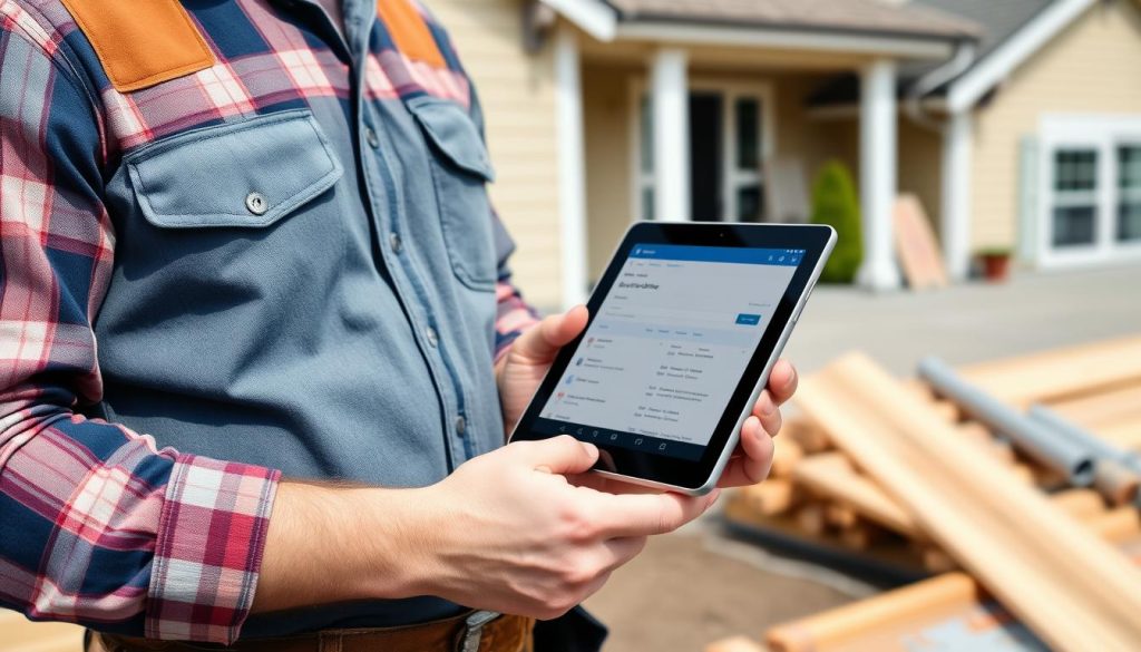 Roofing contractor using ClearCRM mobile app on a tablet at a job site
