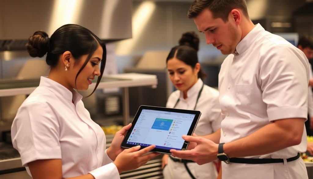 Catering staff using CRM software on tablet while preparing for an event - Best CRM for Catering Companies 2025
