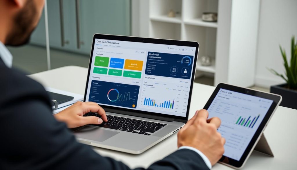 Financial advisor using CRM software on laptop and tablet to manage client relationships