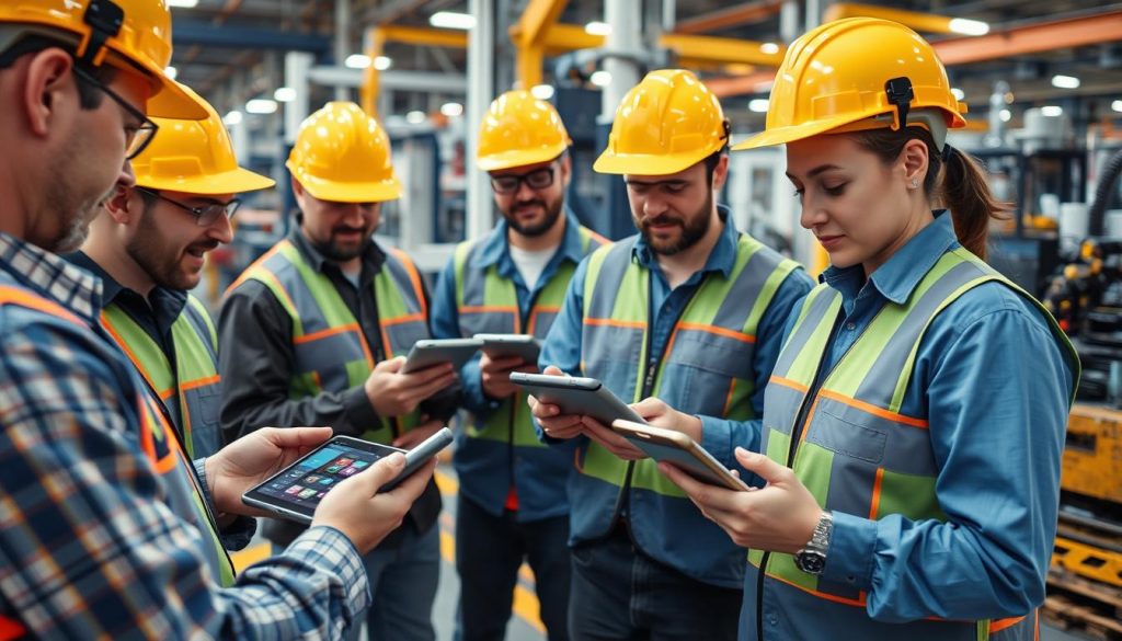 Manufacturing team using ClearCRM mobile app on the production floor to track orders and customer data Manufacturing team using ClearCRM mobile app on the production floor to track orders and customer data