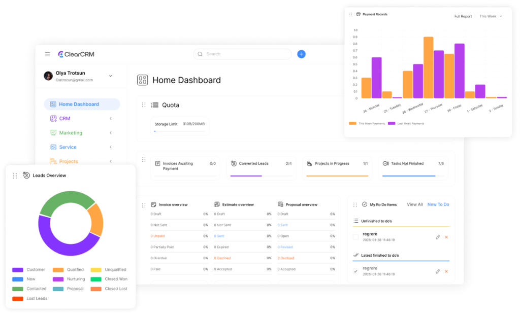 ClearCRM dashboard showing roofing-specific features like weather integration and project tracking