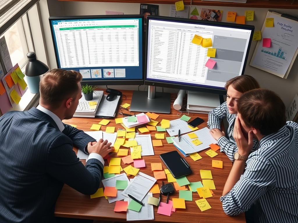 Disorganized project management with scattered notes and frustrated team members
