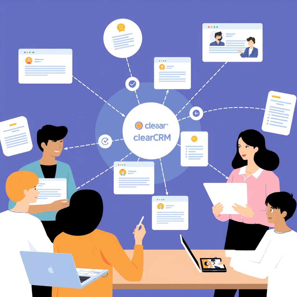 Team collaboration illustration showing ClearCRM task management