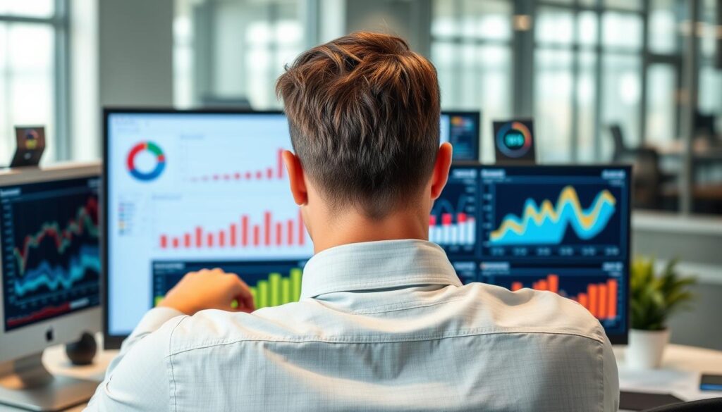 Business professional analyzing KPI dashboards on computer screen showing performance metrics
