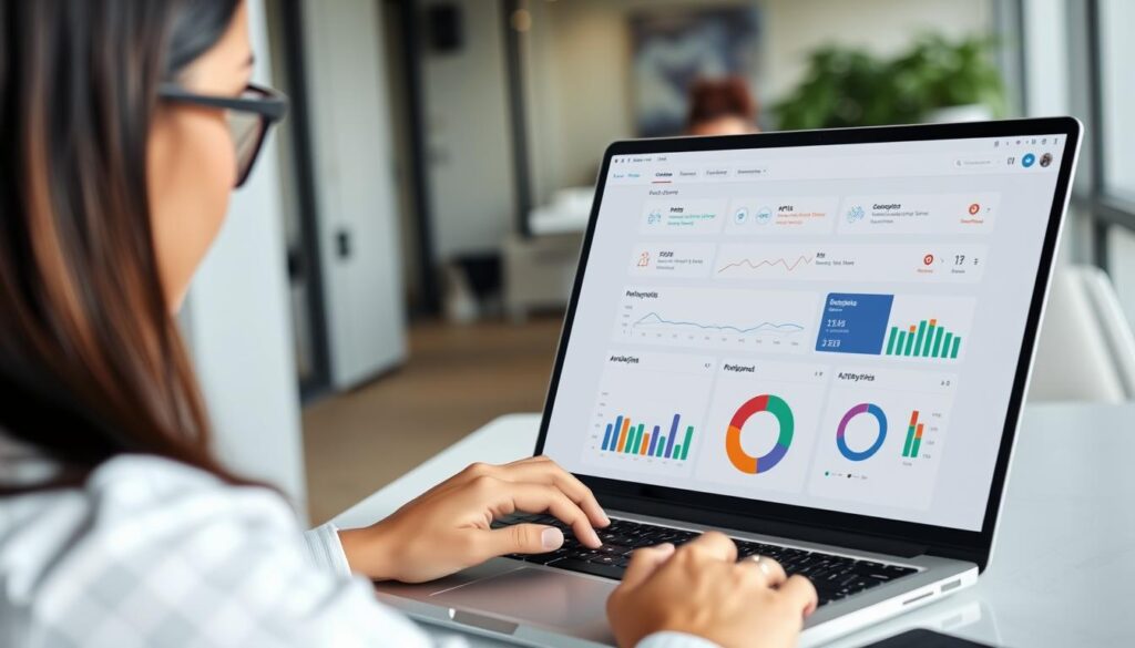 Business professional reviewing automated work reports software dashboard on laptop