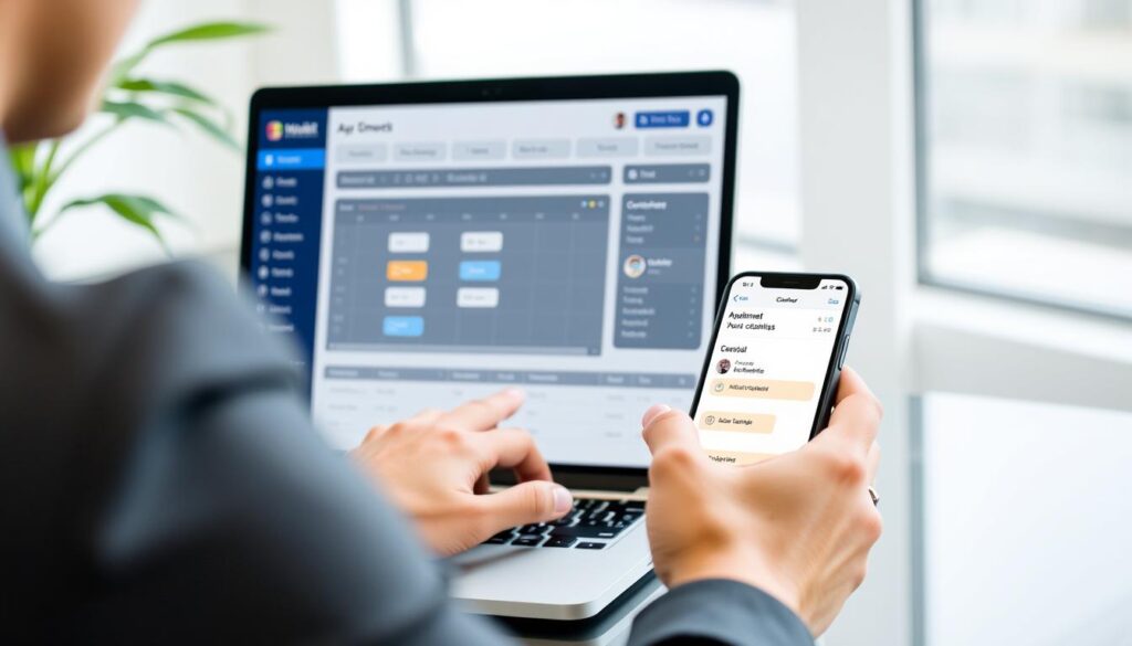 Business professional using Appointments CRM on laptop and mobile device