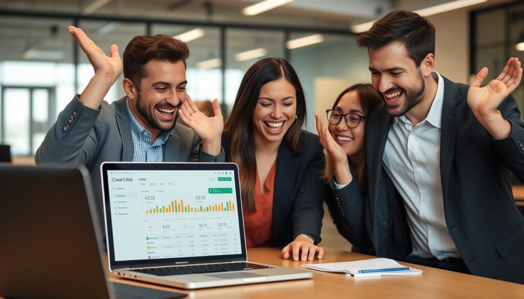 Business team celebrating improved sales results with ClearCRM Sales Funnel software