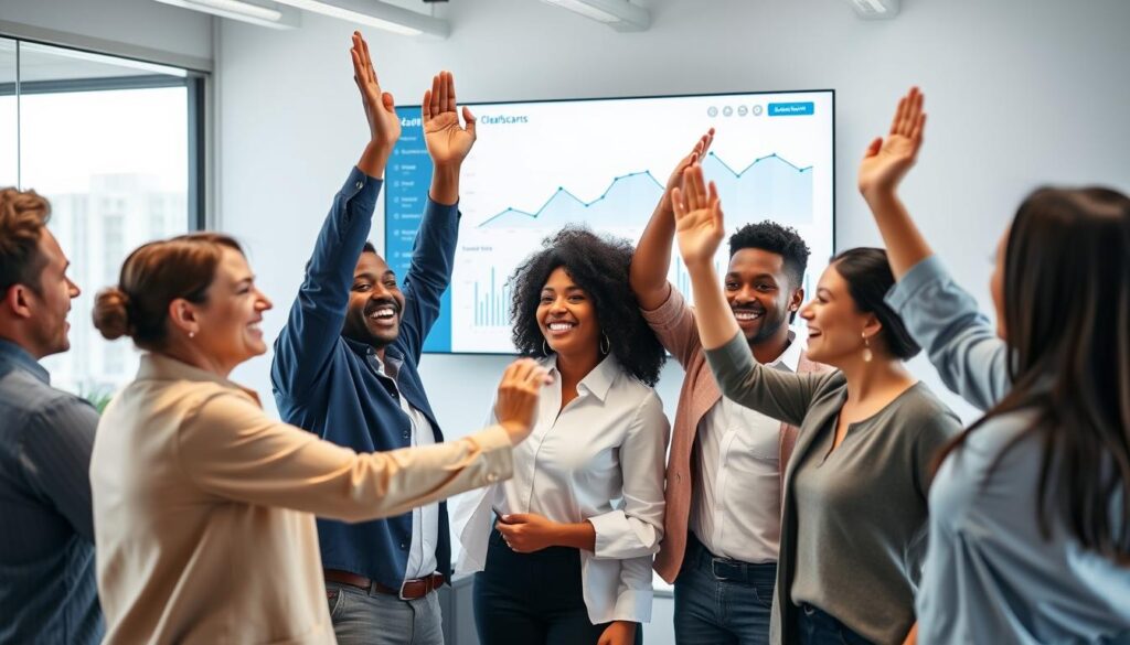 Business team celebrating success with ClearCRM dashboard visible Business team celebrating success with ClearCRM dashboard visible