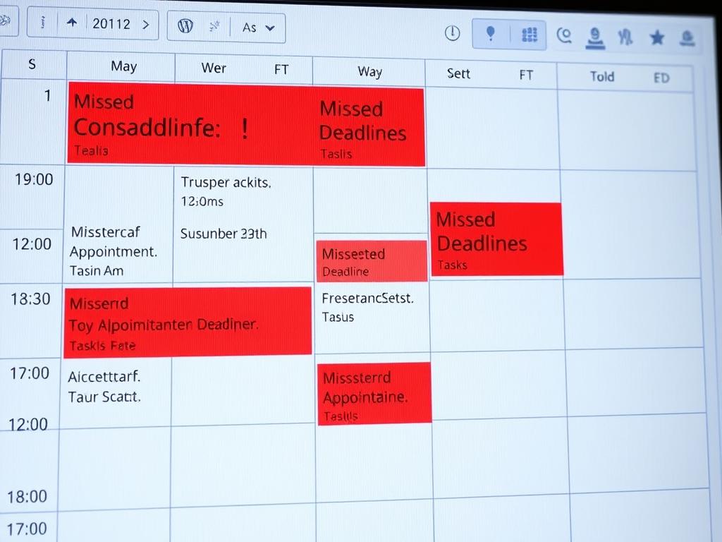 Calendar showing missed deadlines and opportunities due to poor record keeping Calendar showing missed deadlines and opportunities due to poor record keeping