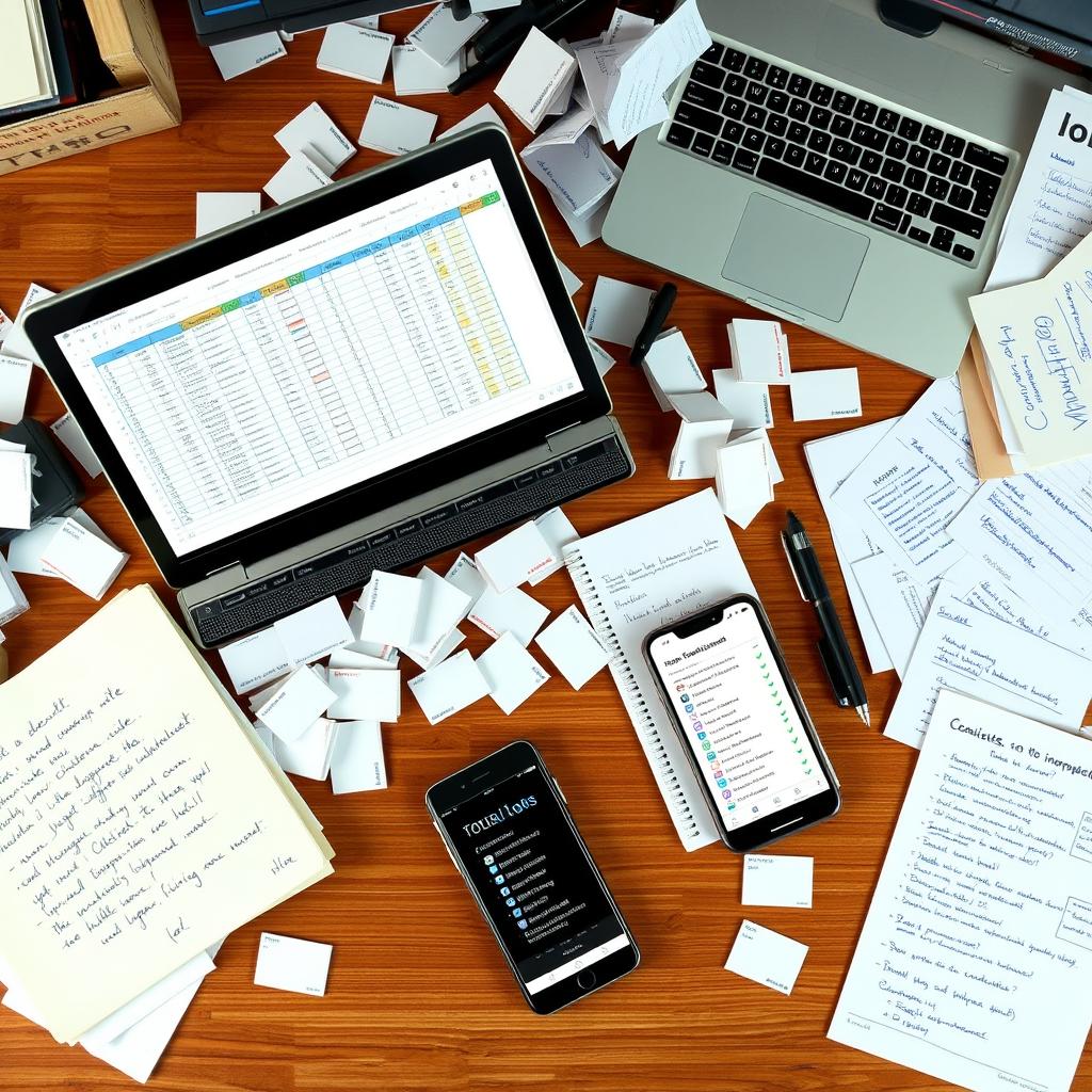 Chaotic collection of business cards, spreadsheets and notes representing disorganized contact management Chaotic collection of business cards, spreadsheets and notes representing disorganized contact management