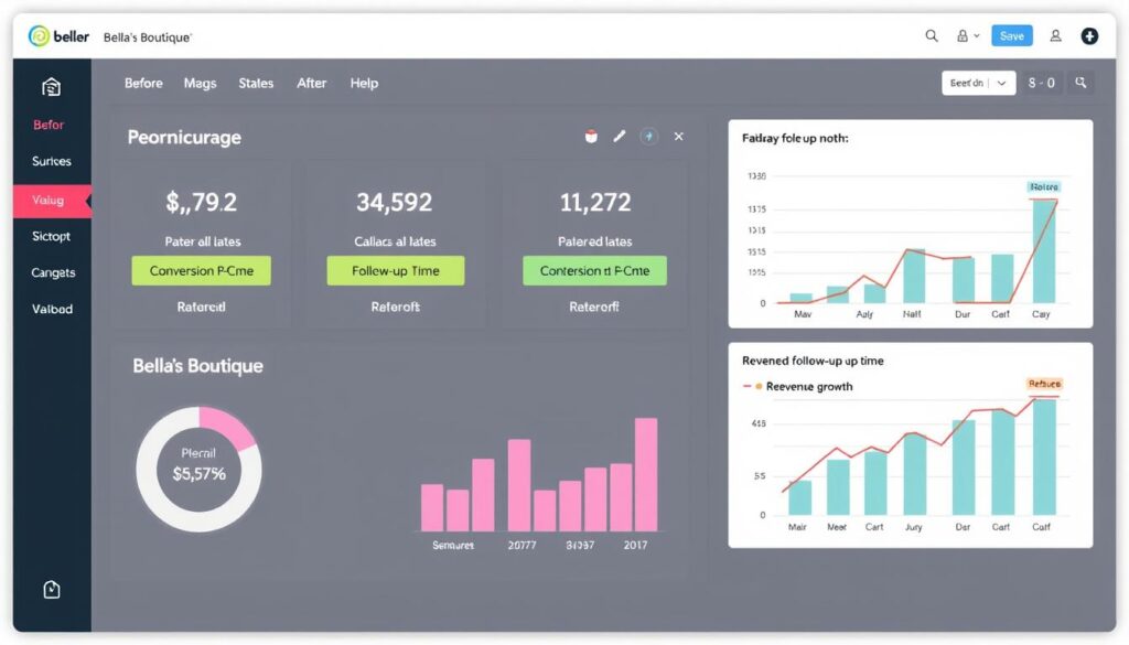 ClearCRM dashboard showing improved sales metrics for Bella's Boutique