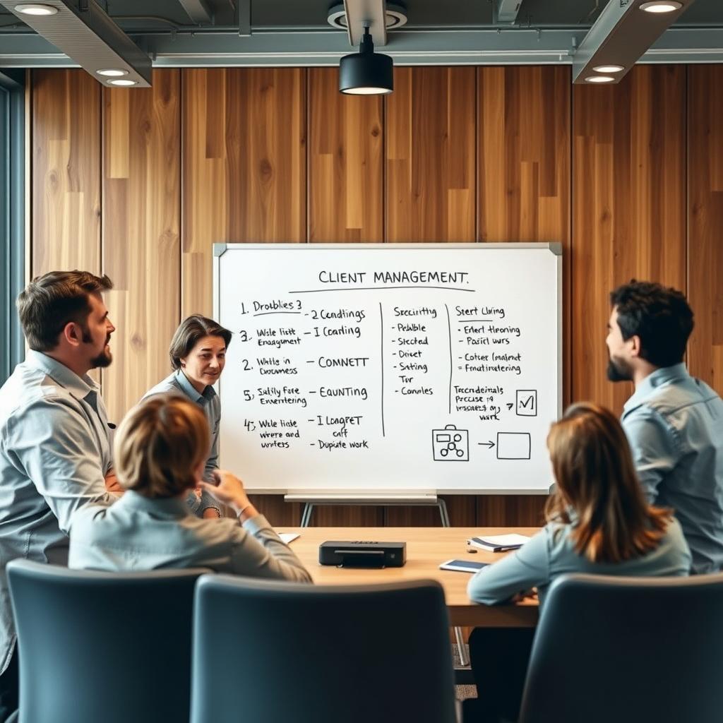 Consulting team meeting discussing account management challenges Consulting team meeting discussing account management challenges