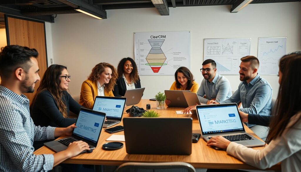 Digital marketing team collaborating using ClearCRM on multiple devices Digital marketing team collaborating using ClearCRM on multiple devices