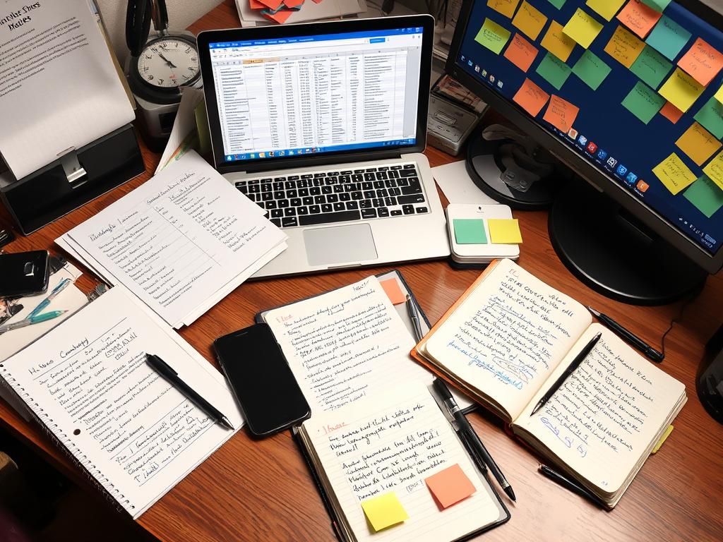Disorganized desk with customer information scattered across multiple systems