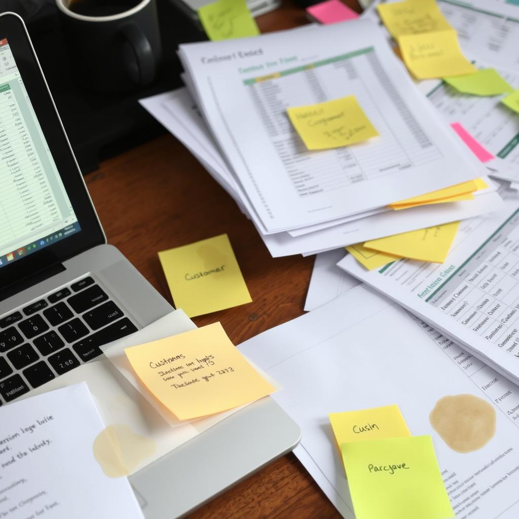 Disorganized lead management system with sticky notes and spreadsheets