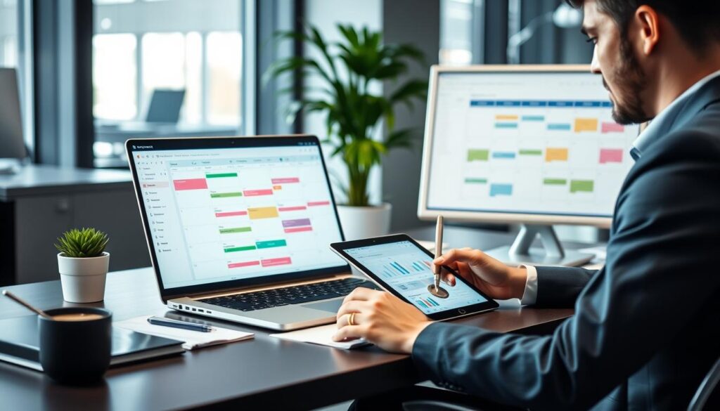 Event planner using event management software on laptop and tablet