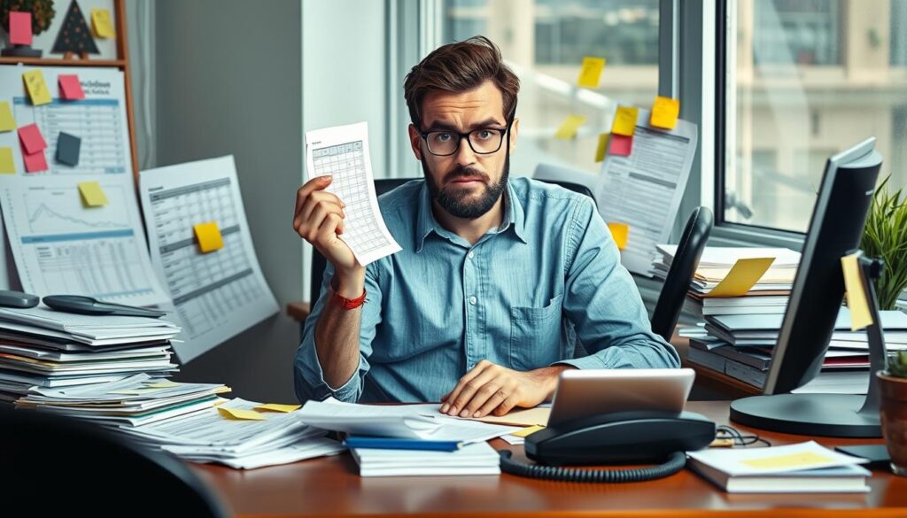Frustrated business owner looking at messy spreadsheets and missed client deadlines