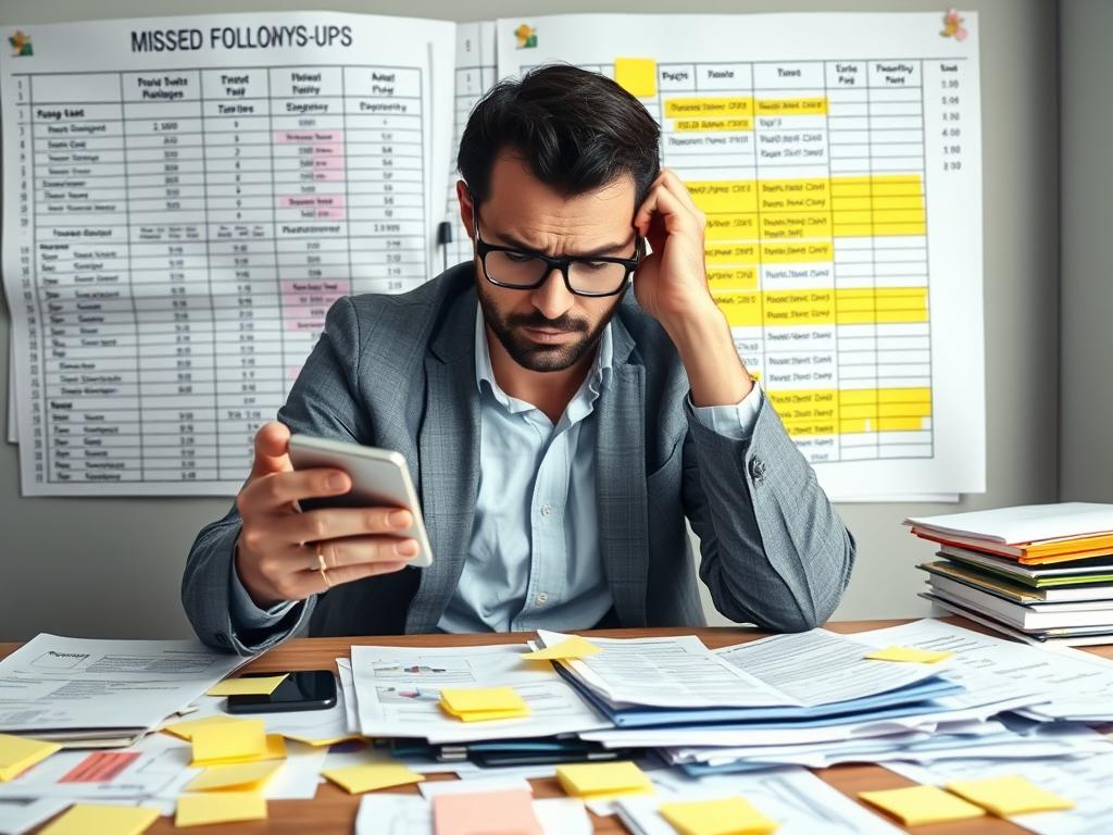 Frustrated real estate agent looking at missed follow-up notifications