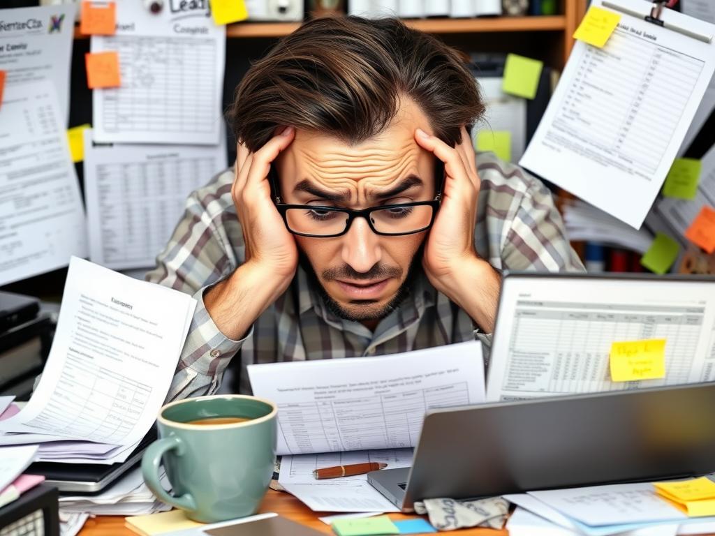 Frustrated small business owner overwhelmed with manual sales tracking
