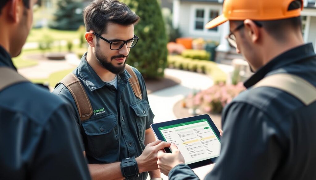 GreenLeaf Landscaping team using ClearCRM on a tablet while on a job site