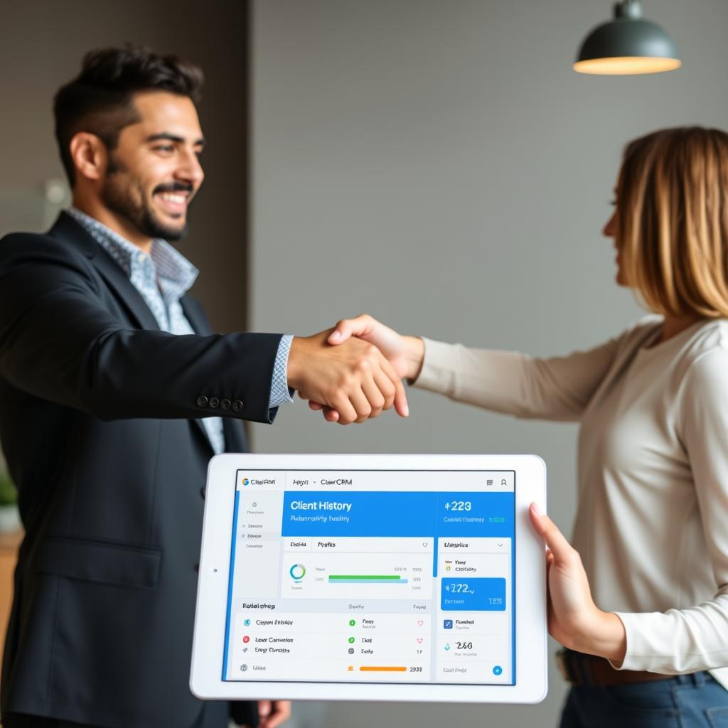 Happy client shaking hands with business owner using account management software