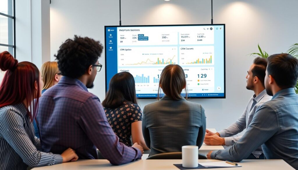 Marketing agency team reviewing CRM data from web form submissions Marketing agency team reviewing CRM data from web form submissions