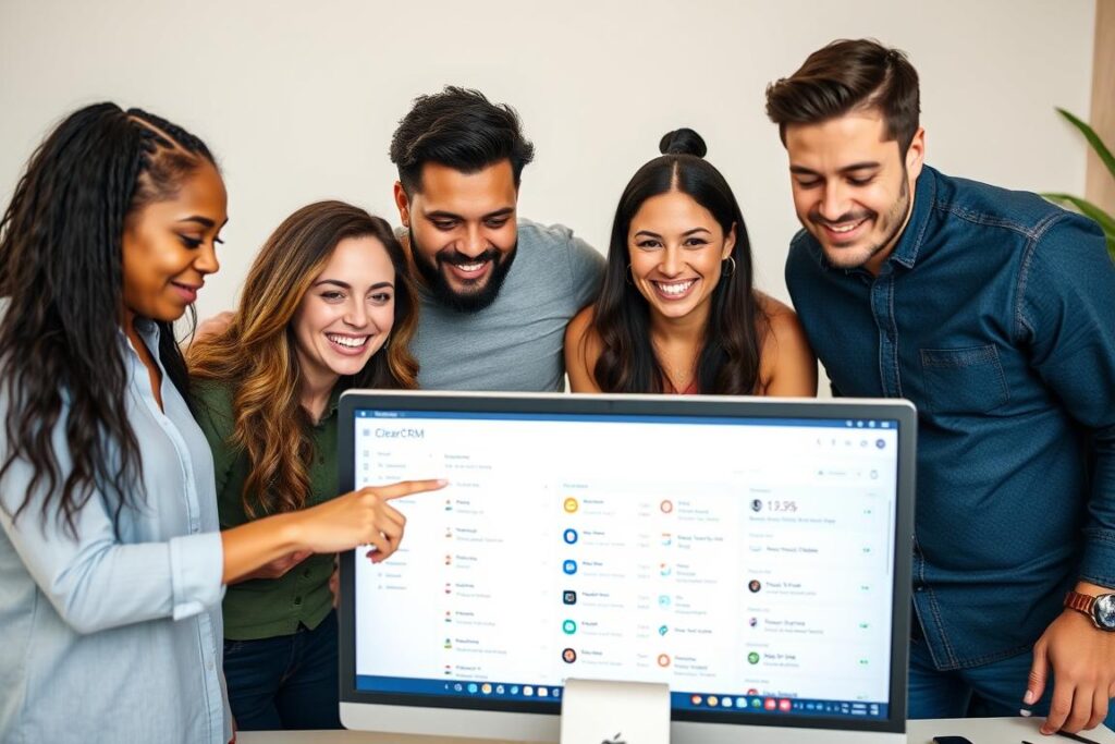 Marketing agency team using account management software to track clients