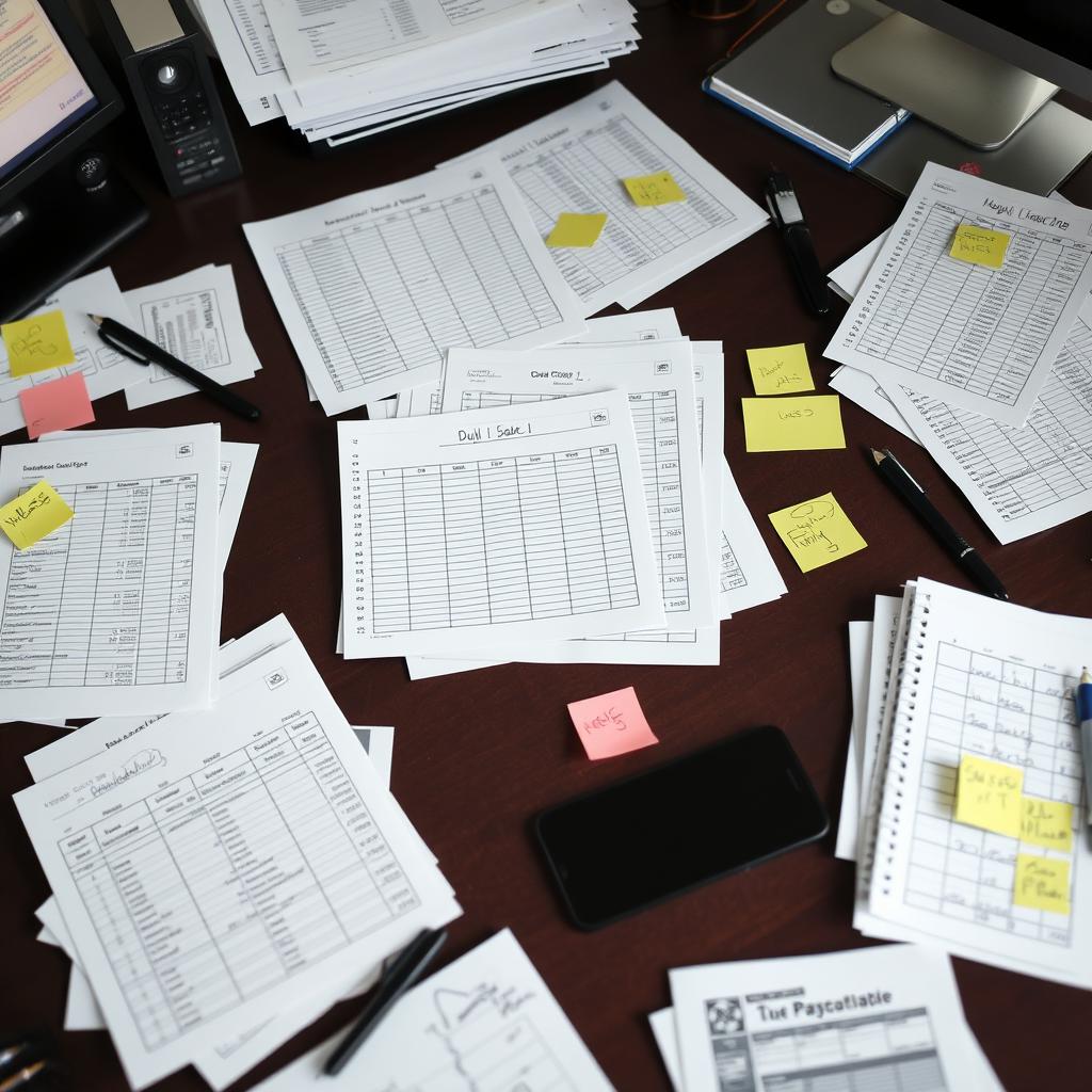 Messy desk with multiple spreadsheets and notes about client opportunities