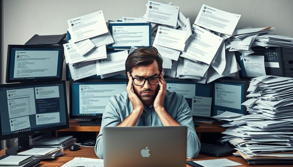 Overwhelmed business owner looking at multiple customer service requests across different channels