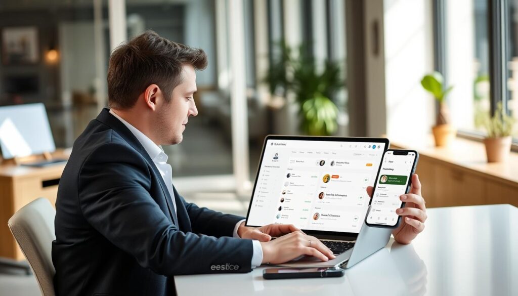 Real estate agent using ClearCRM on laptop and mobile devices