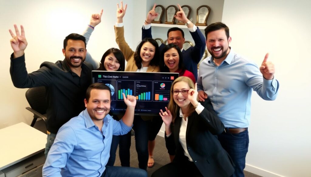 Real estate team celebrating success after implementing CRM