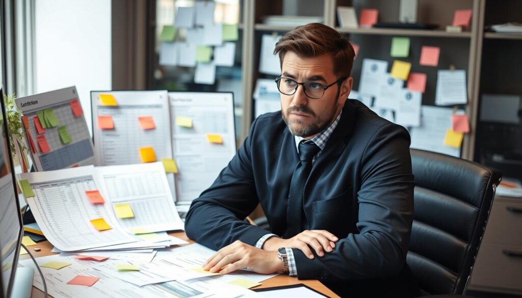 Small business owner looking stressed while managing multiple spreadsheets and sticky notes with customer information