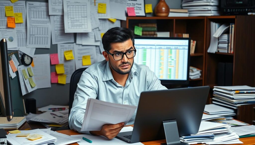 Small business owner overwhelmed by customer tracking paperwork and spreadsheets