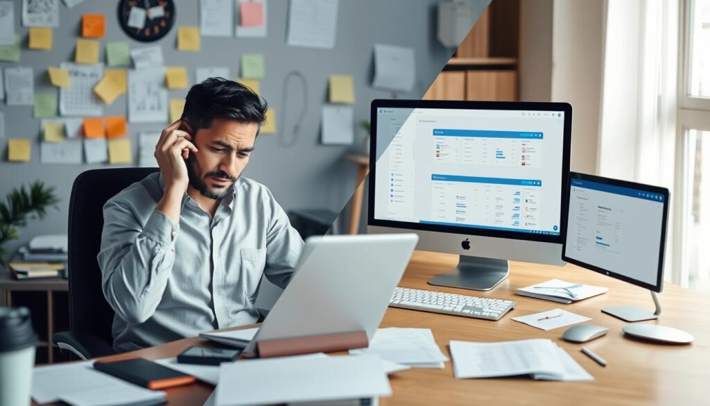 Small business owner overwhelmed with client management tasks using account management software