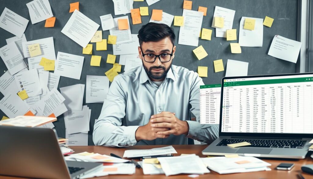 Small business owner overwhelmed with contact management paperwork and spreadsheets