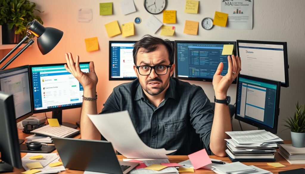Small business owner overwhelmed with customer management tasks and disconnected tools
