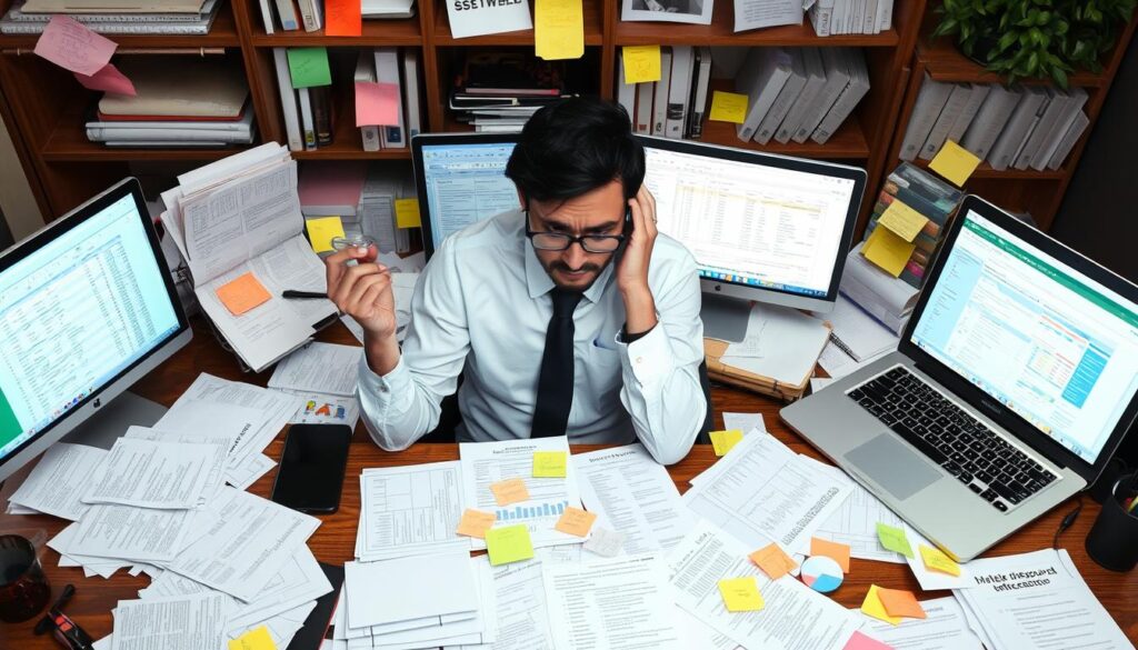 Small business owner overwhelmed with paperwork and client management tasks