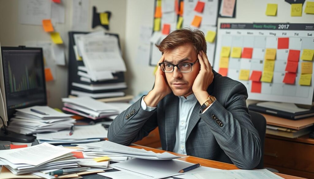 Small business owner overwhelmed with paperwork and missed deadlines before implementing record keeping software