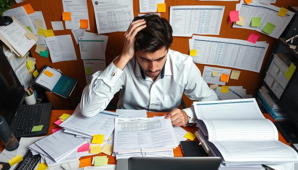 Small business owner overwhelmed with scattered customer contact information and paperwork