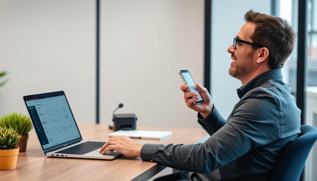 Small business owner using ClearCRM on laptop and mobile device
