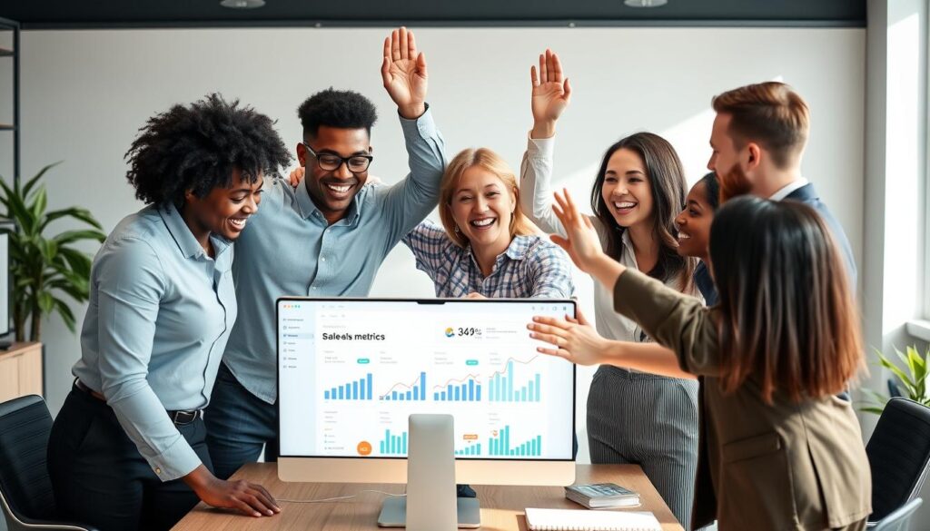 Small business team celebrating sales success with ClearCRM