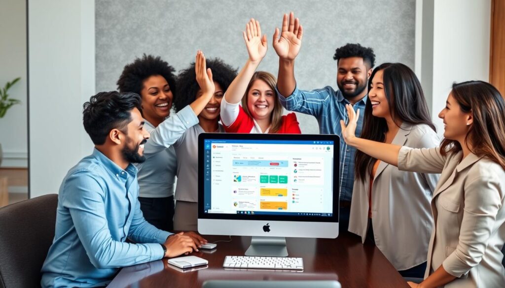 Small business team celebrating success after implementing Custom API CRM