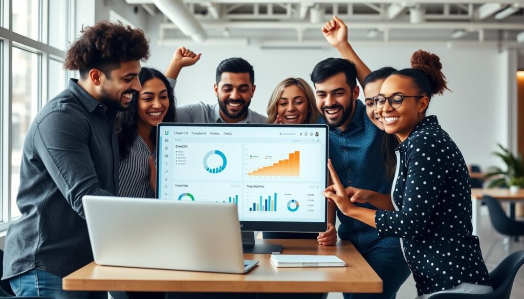 Small business team celebrating success with account management software