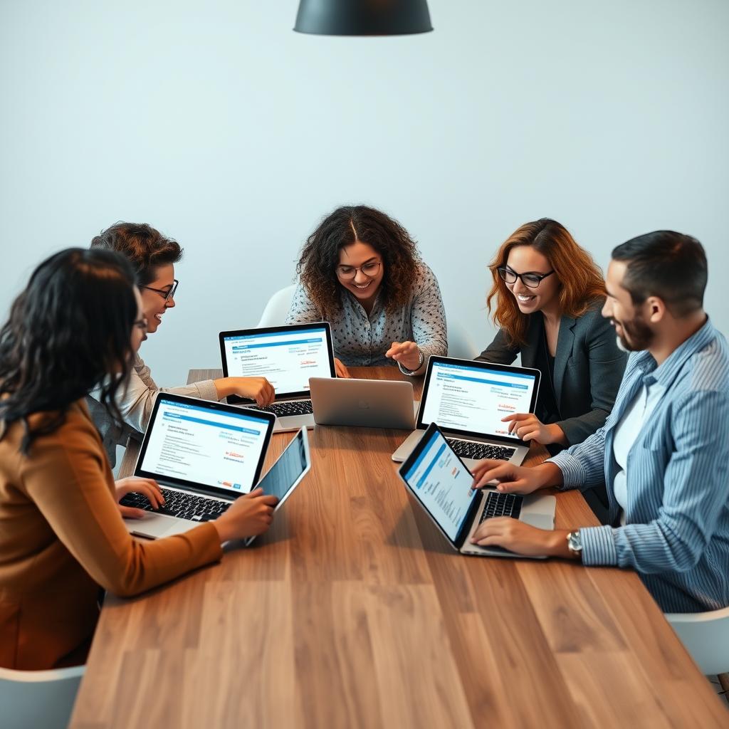Small business team collaborating using account management software