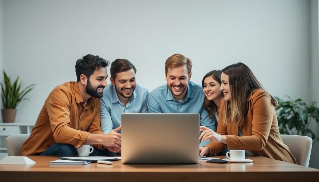 Small business team successfully using contact management software Small business team successfully using contact management software