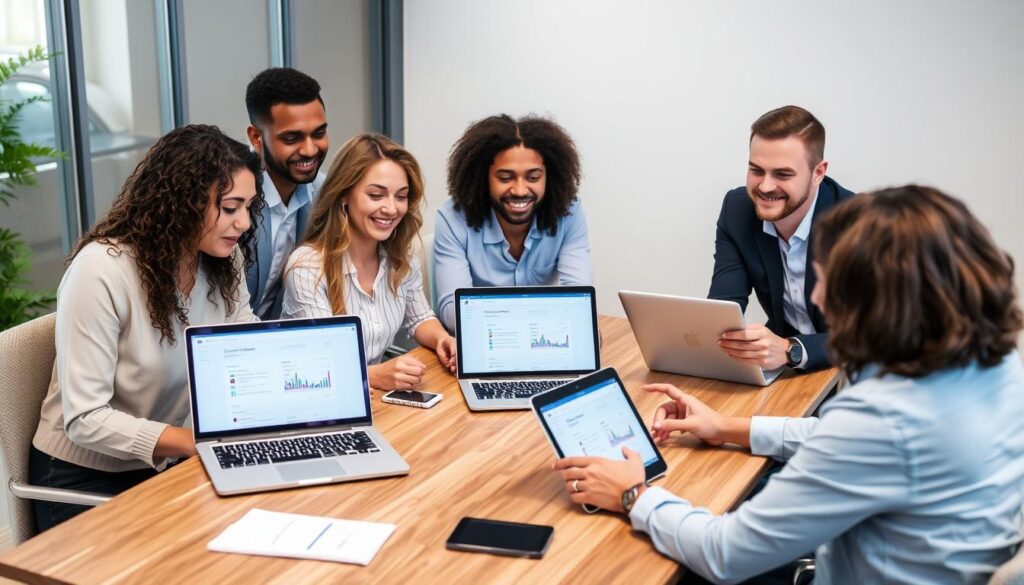 Team collaborating effectively using account management software Team collaborating effectively using account management software