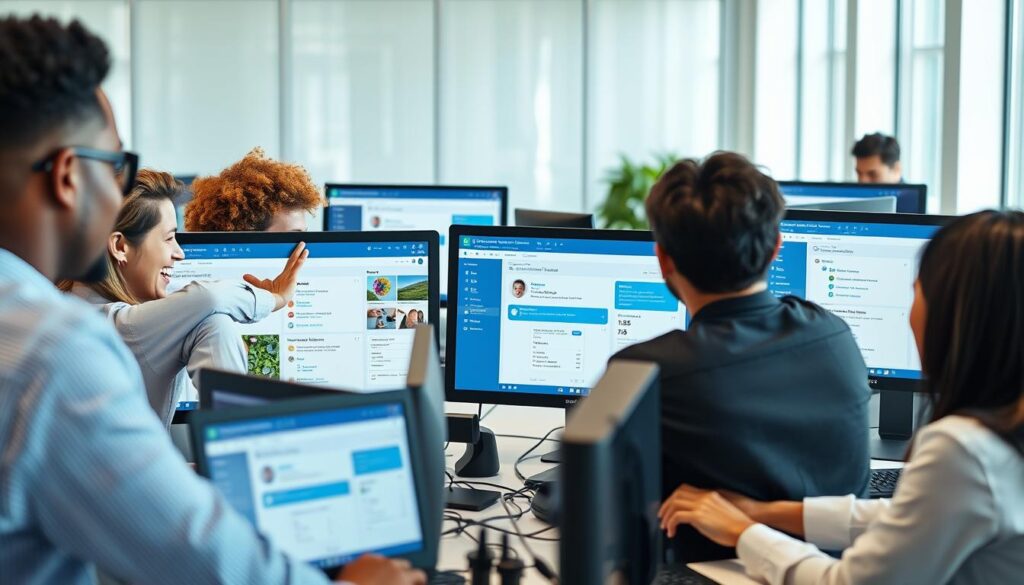 Team members collaborating on ClearCRM platform with social collaboration tools visible on screen