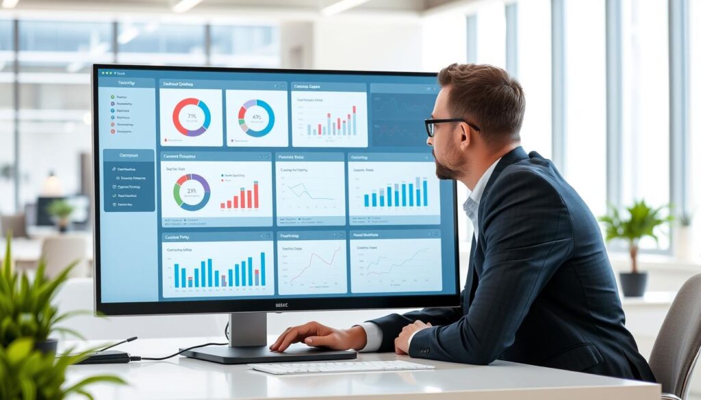 Business professional analyzing ERP system dashboard showing integrated operations and customer data