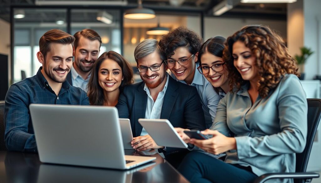 Business team successfully using ClearCRM's telephony software